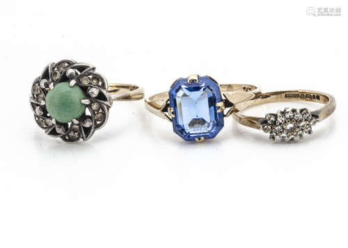 Three 9ct gold dress rings, including a turquoise and paste set cluster ring, a diamond cluster ring