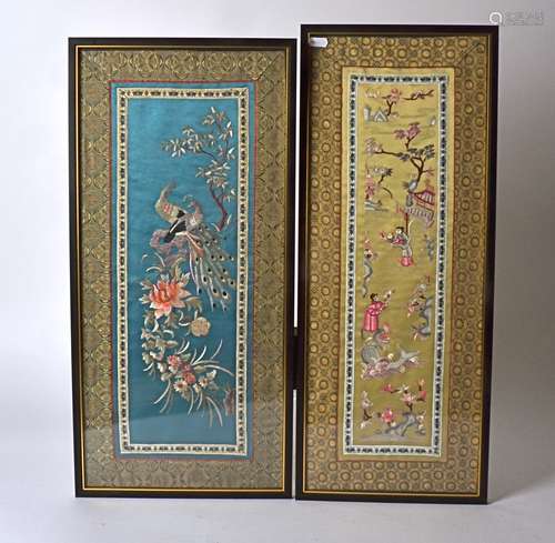 Three 20th Century Chinese framed silks, one with male and female dancing figures, the lady