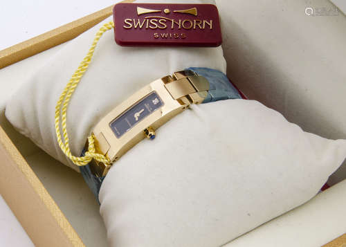 A contemporary 18ct gold and diamond set lady's wristwatch by Swiss Horn, the rectangular links