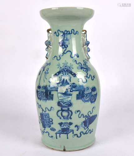 A Chinese 20th Century baluster vase with underglaze blue and white decoration, the body with a