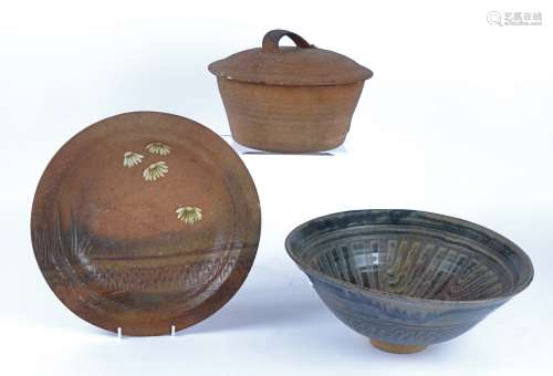 Three British studio ceramics, one a covered bowl with internal ash glaze, impressed monogram mark