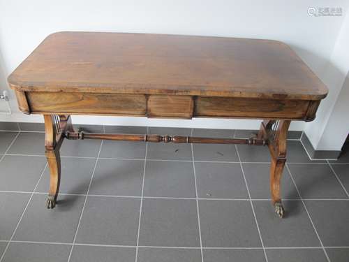 A Regency rosewood centre table, rounded cross banded top, with boxwood stringing, two short