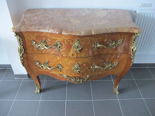 A contemporary Louis XVI style marquetry marble top bombe commode, with foliate and floral