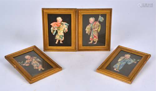 Four watercolour studies of young children in Asian attire, each child holding an object, a fan, a