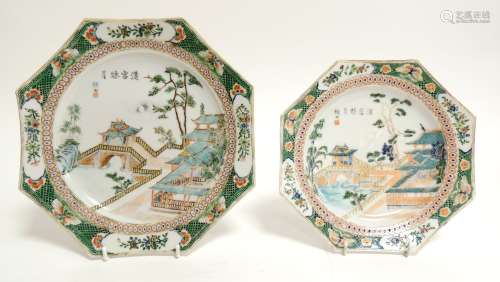 Two octagonal Chinese export ware plates, probably 19th Century, with famille verte overglaze enamel