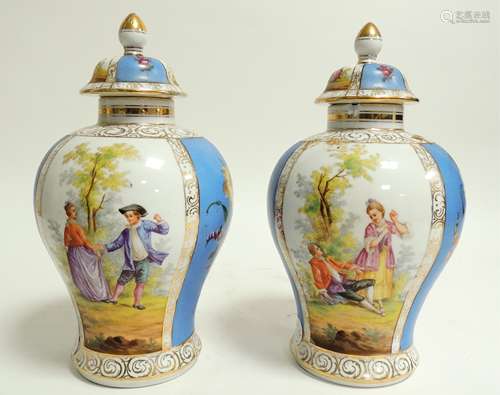 A pair of 20th Century continental Dresden porcelain covered baluster jars, with cartouches of