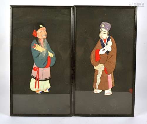 A pair of Chinese fabric pictures, depicting two figures in classical attire, framed and glazed,