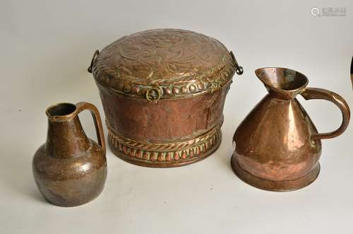 An early 20th Century copper domed coal scuttle with Tudor rose, height 28cm, together with two