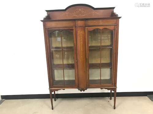 An Edwardian mahogany and inlaid glazed display cabinet, 114cm wide, 174cm high and 35cm deep, AF