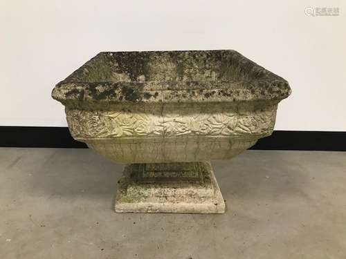 A modern concrete garden urn, square in two sections, 52cm wide