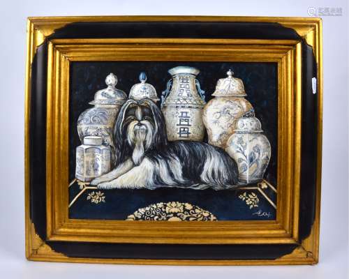 An oil of canvas of a Pekinese dog seated in front of Chinese porcelain vases, framed unglazed, 26cm