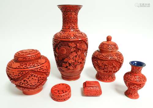 Six items of 20th Century Chinese red cinnabar lacquer, including a baluster vase with chrysanthemum