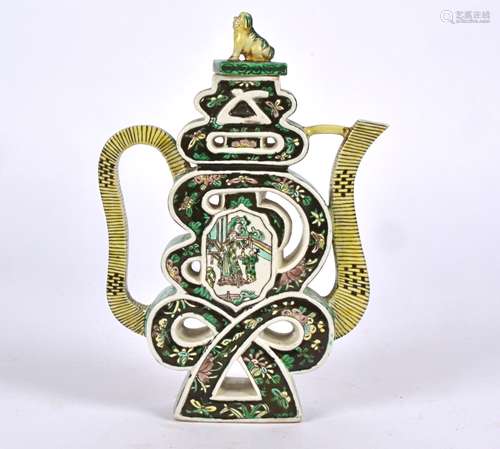 A 19th Century Chinese wine flask in the shape of the character shou, painted with underglaze