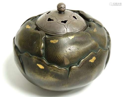 A Japanese bronze koro, of lotus bud form, kin-zogan gold-splashed, shibuichi and hon-zogan with