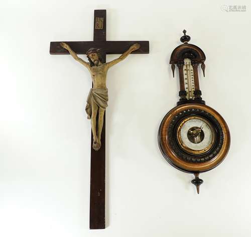 An early 20th Century banjo shaped barometer, the verso with original retailer's label 'J.King Watch