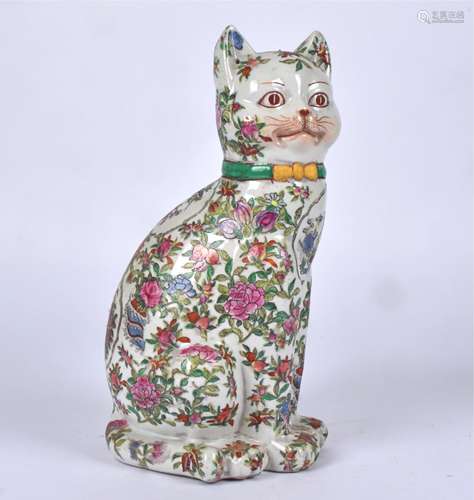 A 20th Century Chinese Canton rose medallion figure of a cat, with overglaze famille rose enamels