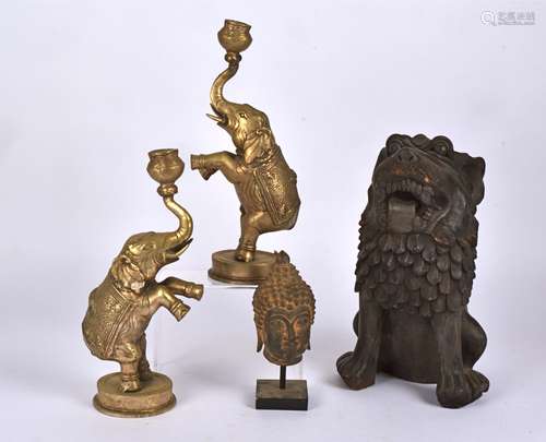 A terracotta mythical lion dog statue, height 35cm, together with three other Asian interior