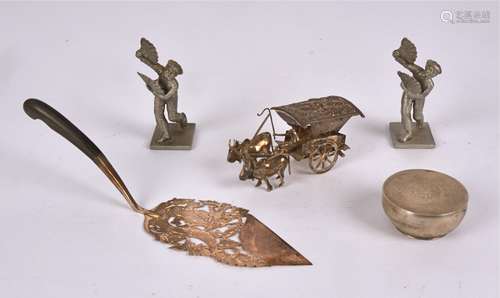 A group of Asian metal ware objet d'art to include a plated carriage pulled by buffalo, 4.5cm x 9.