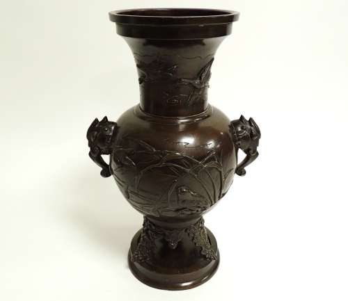 A 20th Century Japanese bronzed vase, of archaistic form with taotie style mythical beast mask