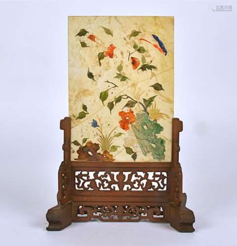 A 19th Century Chinese hardstone plaque of rectangular form, inset with coral and lapis lazuli,