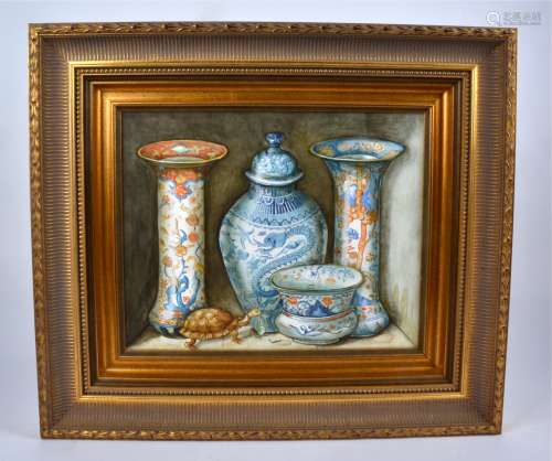 Three oil on board studies of Asian ceramics, one of a ginger jar and vases with a tortoise creeping