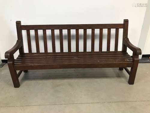 A modern teak garden bench, stained brown, 200cm wide