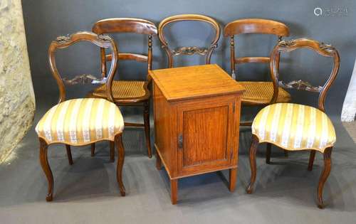 An Edwardian Satinwood Bedside Cabinet together with a pair of Victorian walnut side chairs and