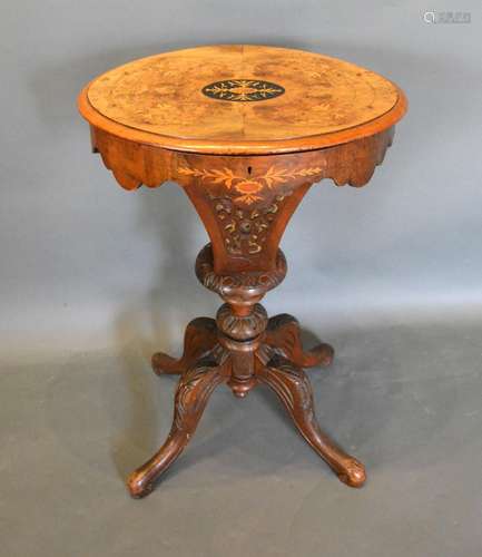 A Victorian Walnut Marquetry Inlaid Trumpet Shaped Work Table, the hinged top enclosing a fitted