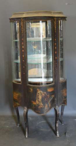 A French Vernis Martin Style Vitrine with a bow glass door and painted panel enclosing glass and