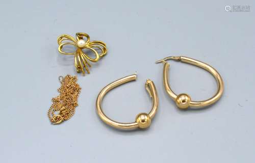 A Pair of 9ct. Gold Hoop Earrings together with a 9ct. gold pearl set brooch and a 9ct. gold neck