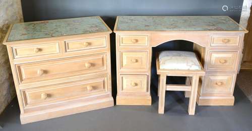 A 20th century Twin Pedestal Desk, the fabric and glass top above an arrangement of six drawers