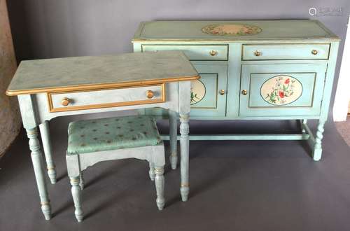 An Early 20th Century Painted Side Cabinet together with a similar side table and stool