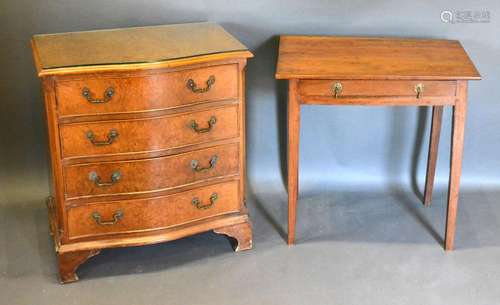 A 20th Century Burr Walnut Serpentine Chest of four long drawers with brass handles raised upon