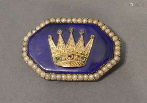 A 19th Century Yellow Metal Brooch of hexagonal form set with a crown on blue enamel with two