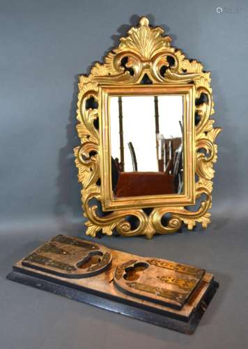 A Victorian Burr Walnut Brass Mounted Folding Bookstand together with a gilt framed small wall