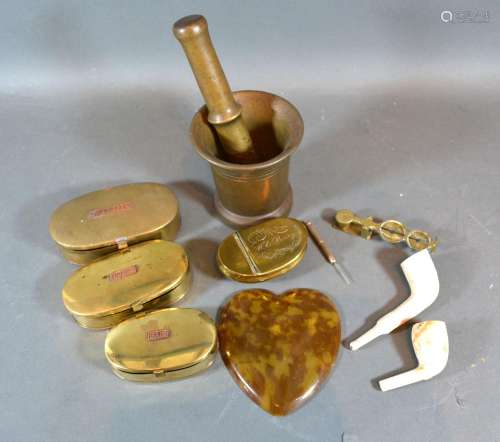 A 19th Century Brass Snuff Box together with a bronze pestle and mortar and other items