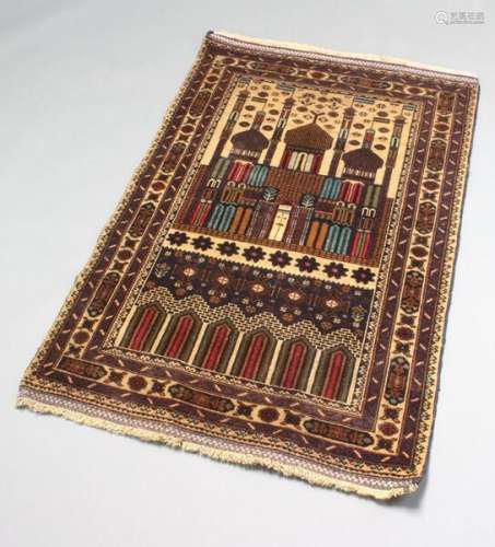 A Woollen Beliuch Pictorial Prayer Rug with cream, blue and red ground within multiple boarders