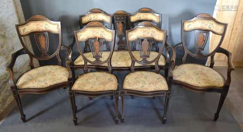 A Edwardian Mahogany Marquetry and Line Inlaid Drawing Room Suite comprising a two seat sofa, a pair