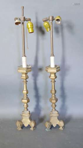 A Pair of 18th Century Style Brass Table Lamps of shaped octagonal form with triform scroll feet,