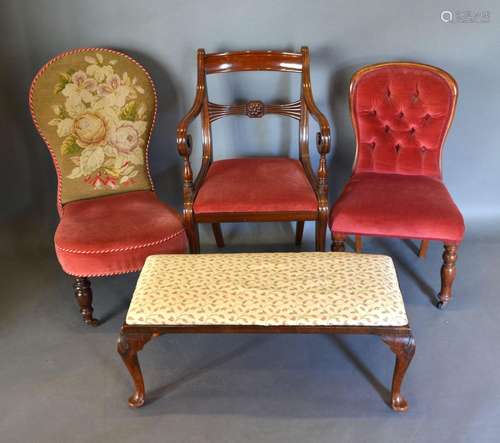 A Regency Style Armchair together with two Victorian side chairs and a rectangular stool