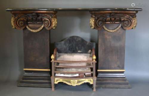 A Neo-Classical Fireplace, the variegated shaped marble top above a pair of patinated bronzed