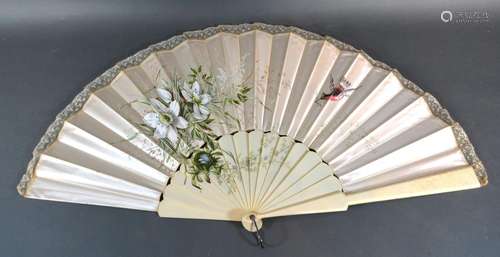 A Hand Decorated Satin Leaf Fan decorated with hummingbirds and flowers, sticks and bone guards 31