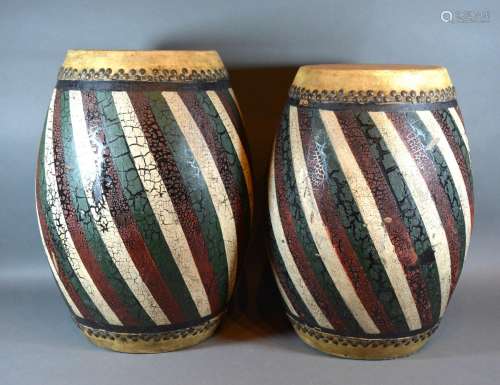 A Pair of African Drums with Polychrome Decoration, 41cm tall