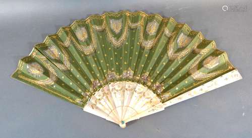 A Late 19th Century J Duvelleroy Fan with gilded embossed decorated mother-of-pearl sticks and