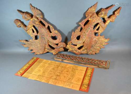 A Pair of Indian Carved Wooden Wall Plaques inset coloured stones together with another similar