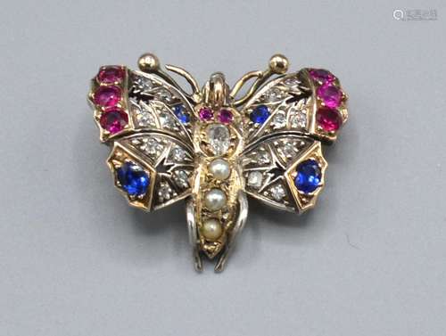 A Yellow Metal Brooch in the Form of a Butterfly set with diamonds, rubies, sapphires and pearls,