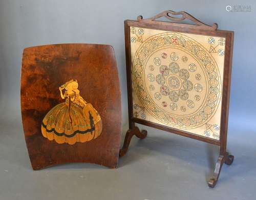 An Art Nouveau Fire Screen by Mary Cruikshank, relief decorated with two ladies, signed, 68 x