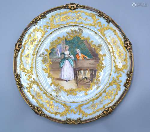 Limoges for Tiffany & Co, A Guilloche and Enamel Cabinet Plate with a central hand-painted reserve