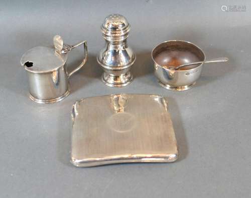 A Birmingham Silver Cigarette Case of slightly curved form together with three silver condiments