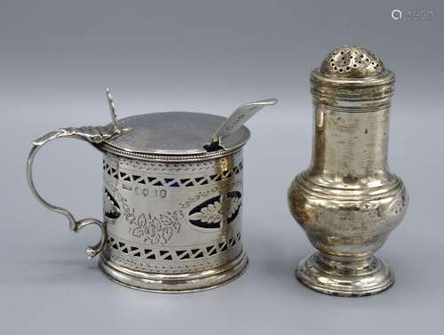 A George II Silver Pepper, London 1744, together with a William IV Silver Mustard with pierced